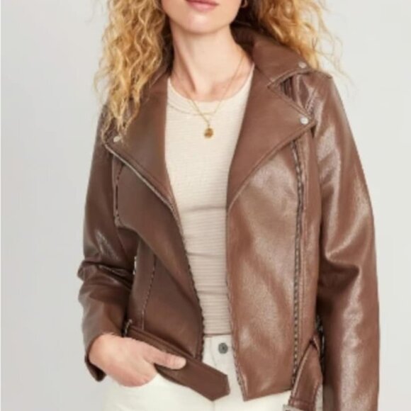 Old Navy Brown Faux Leather Belted Biker Jacket - Picture 1 of 7
